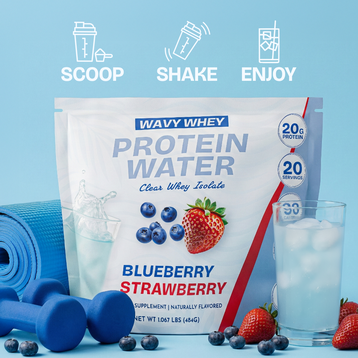 Wavy Whey Protein Water package with blueberries, strawberries, and a glass of water on a blue background.