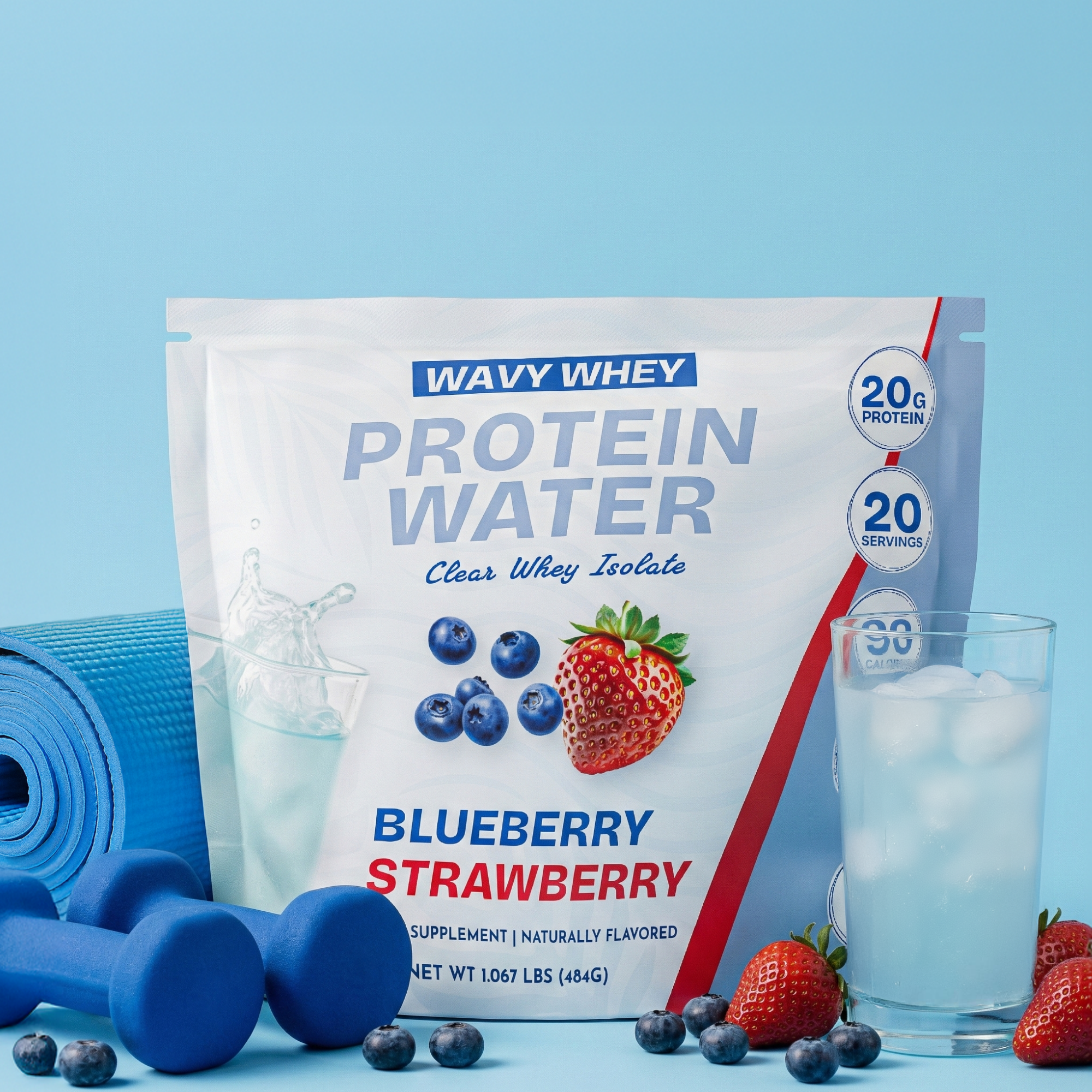 Wavy Whey Protein Water package with a glass of water, blueberries, strawberries, and dumbbells on a blue background.