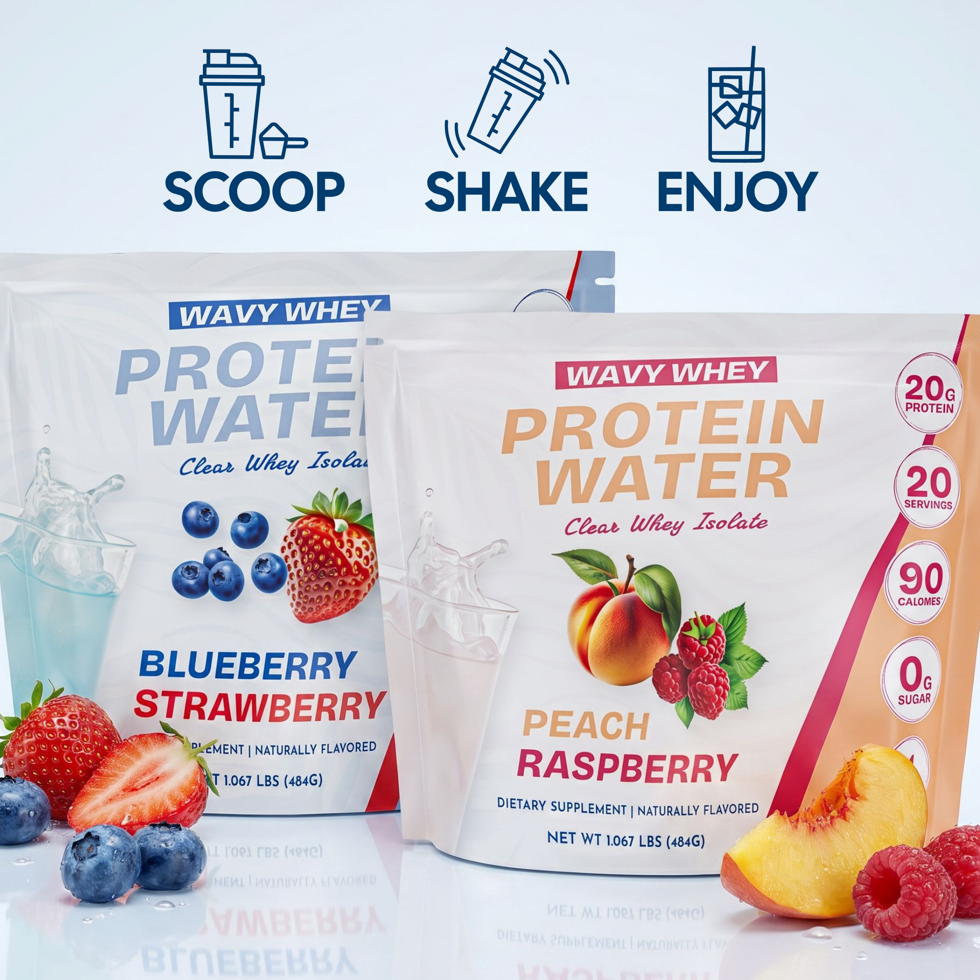 Two packages of Wavy Whey Protein Water with blueberry, strawberry, and peach, raspberry flavors on a light background.