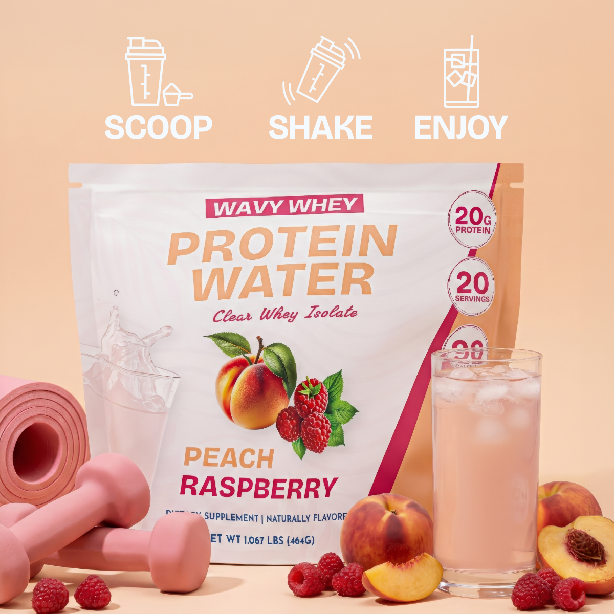 Wavy Whey Protein Water package with peach and raspberry flavor, surrounded by a glass of water, peaches, raspberries, and pink dumbbells on a peach background.