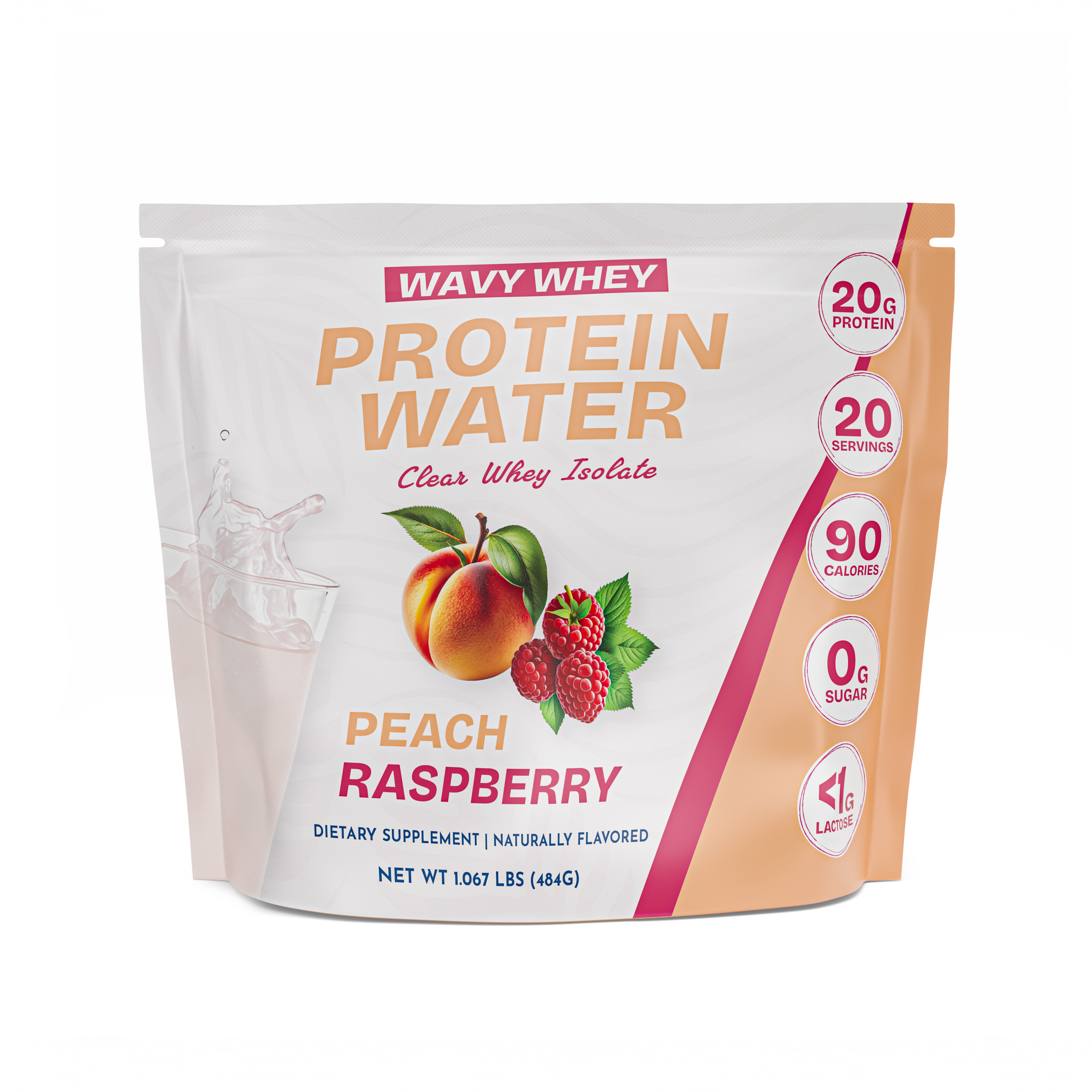 Wavy Whey Protein Water package for peach raspberry flavor on a white background