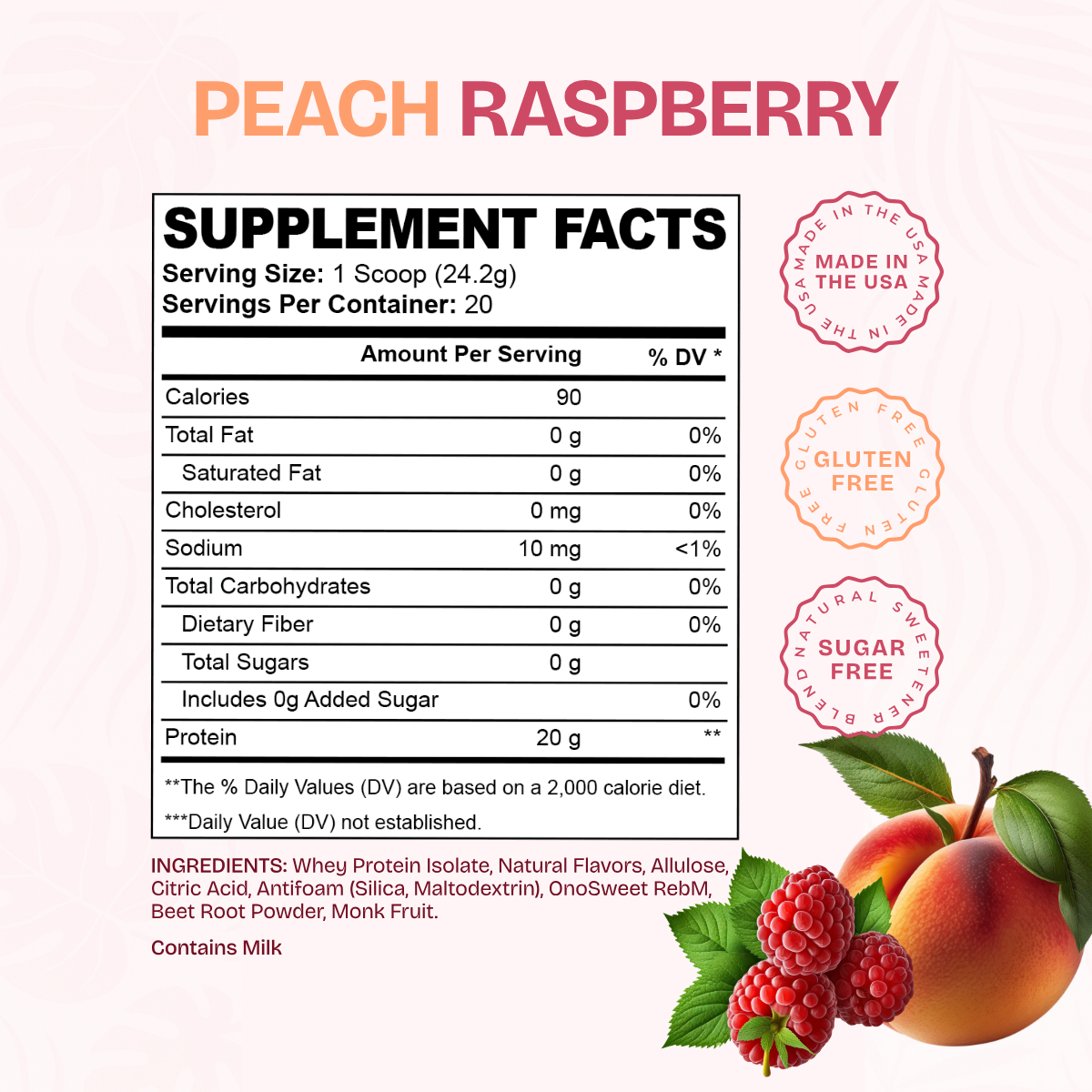 Supplement facts label for peach raspberry flavor with nutritional information and ingredients listed.