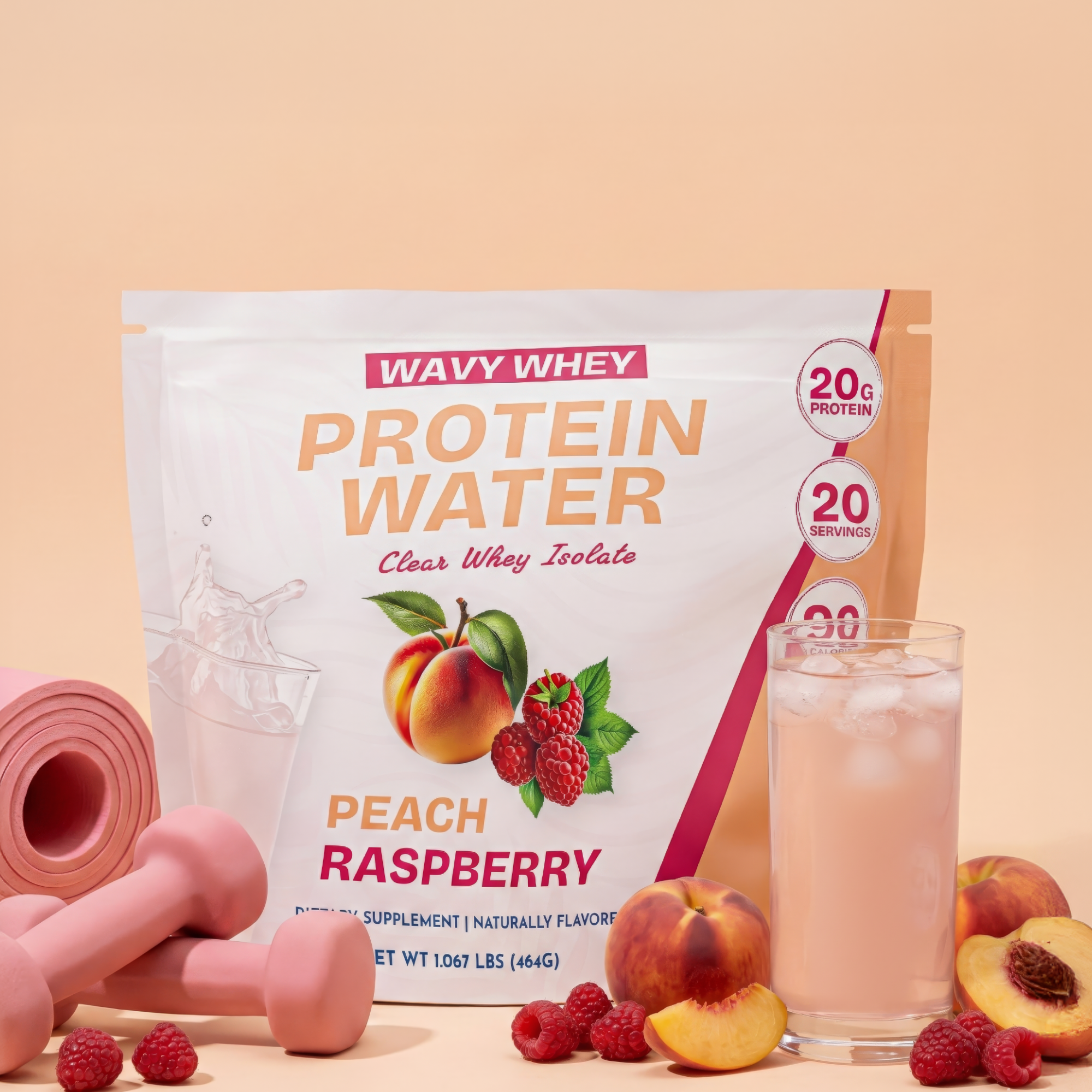 Wavy Whey Peach Raspberry Protein Water package with a glass of water, peaches, and raspberries on a peach background.
